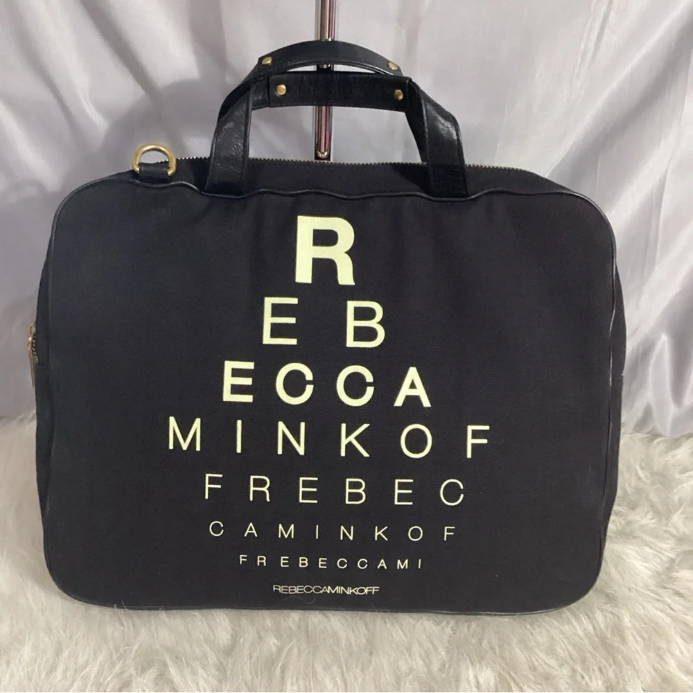 Rebecca Minkoff Eye Sight Chart Padded Black Canvas Messenger Laptop Shoulder Ba